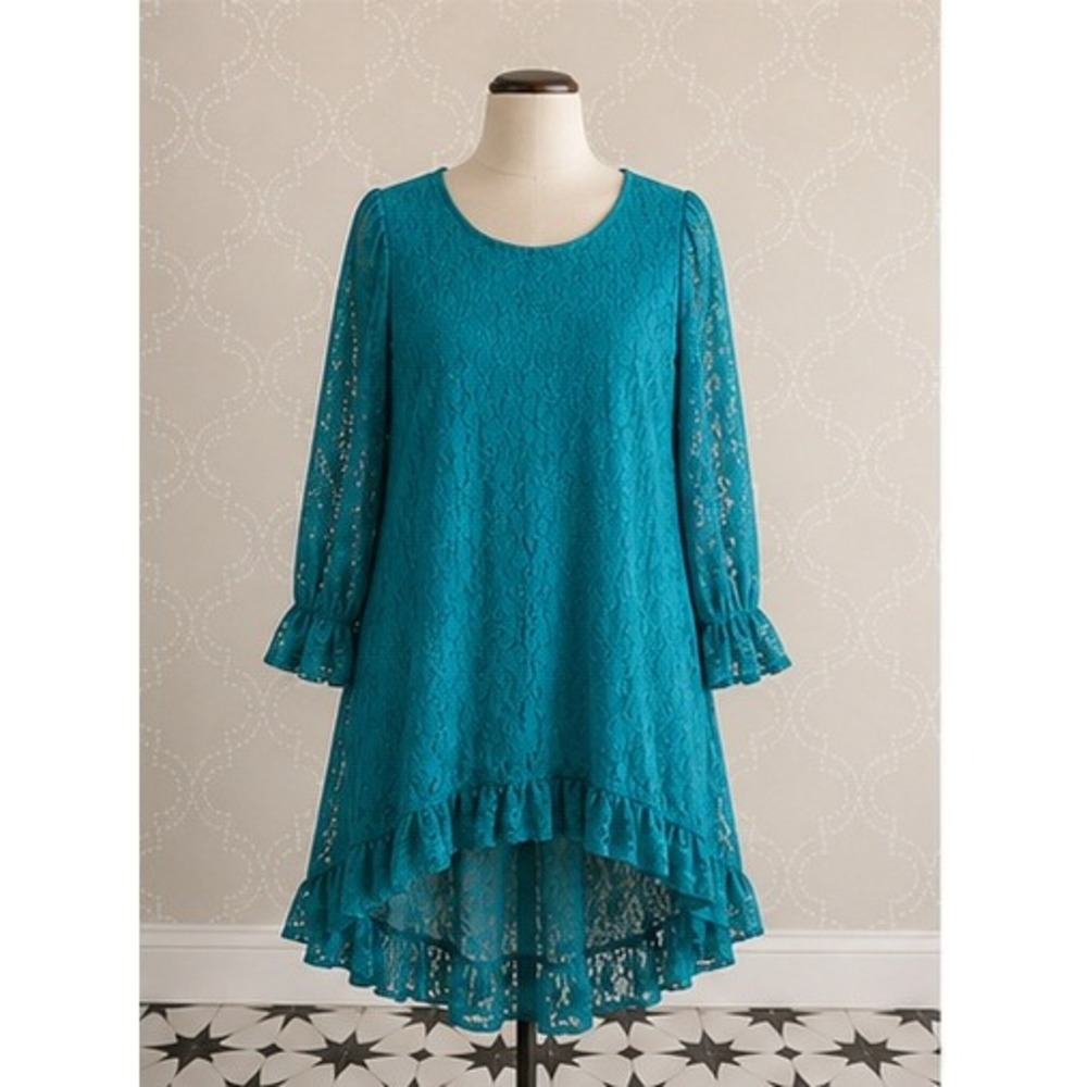 Origami By Vivian Lace Ruffle‎ Hi-Lo Dress Teal Size L